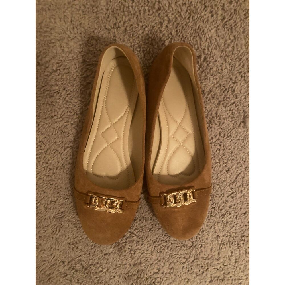 Tan Suede Chain‑Detail Flats Size 42 (US 10) Quilted Insole